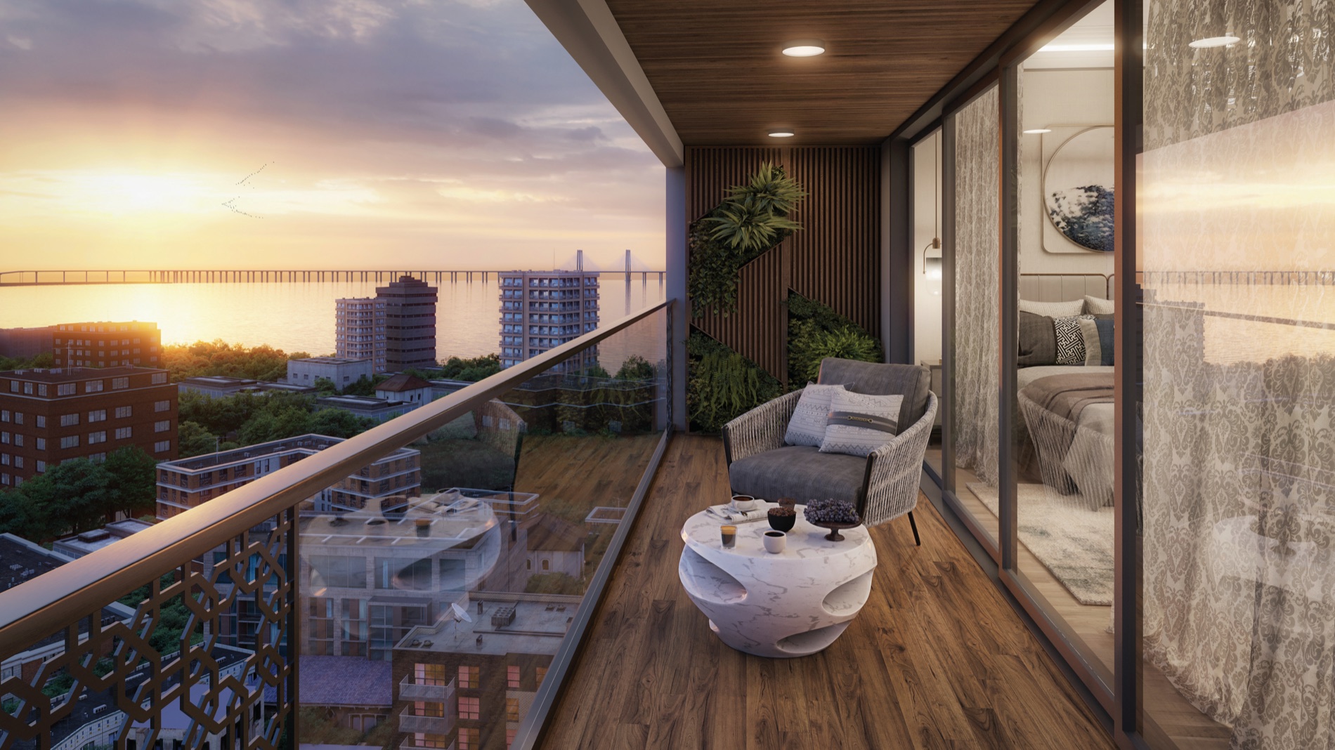 Private balcony overlooking the Bandra-Worli Sea Link at sunset