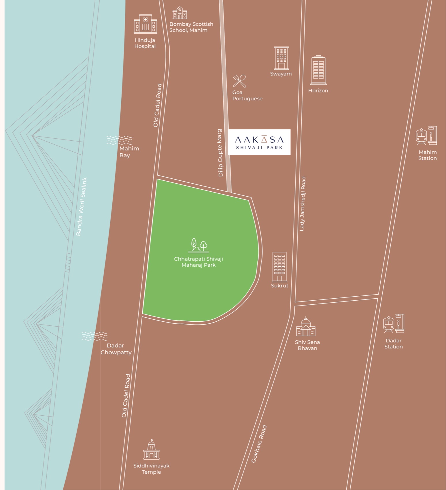 Location map · Aakasa Shivaji Park on Lt. Dilip Gupte Marg, beside Chhatrapati Shivaji Maharaj Park, near Mahim Bay