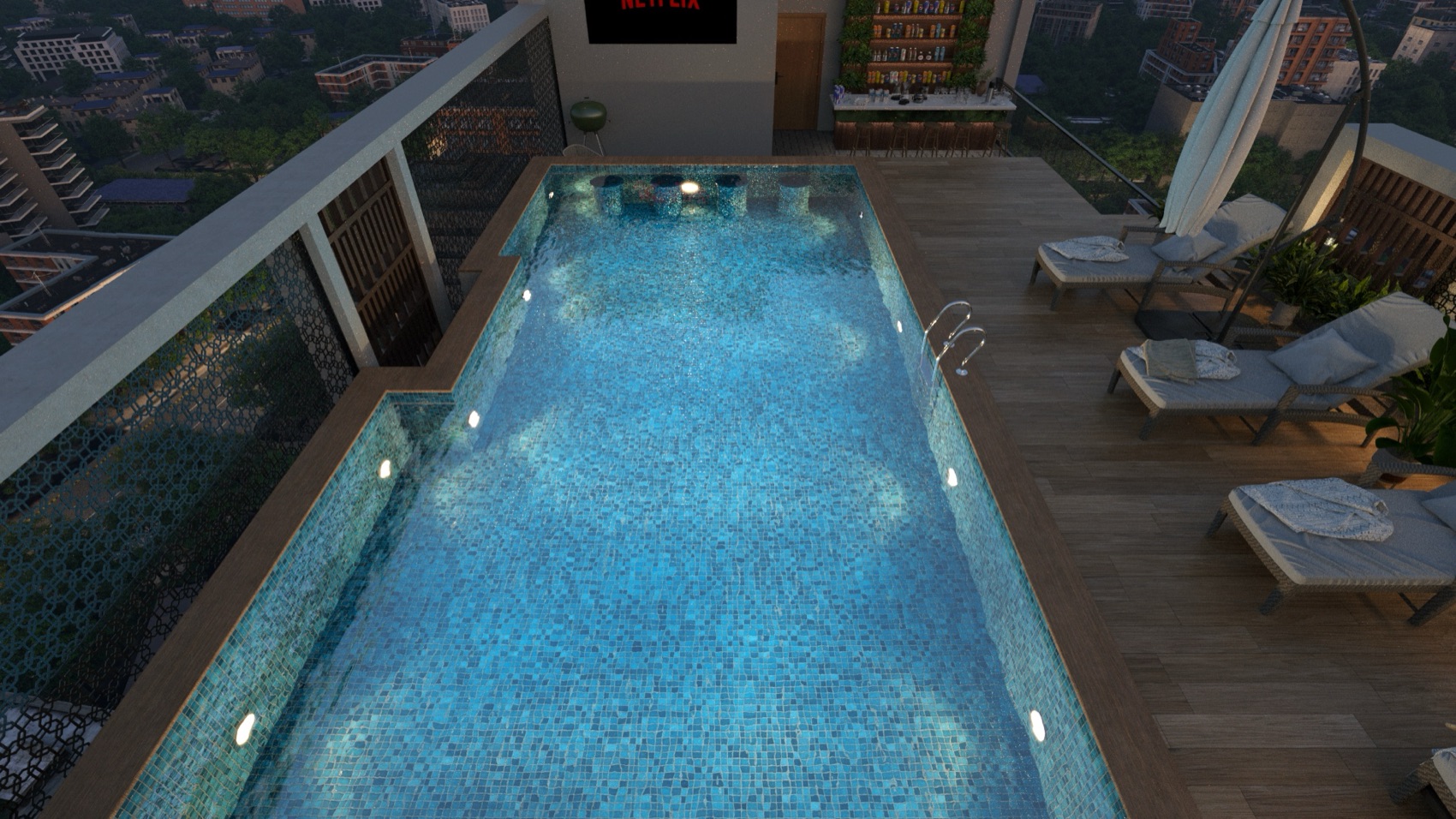 Aerial view of the rooftop pool deck and screen