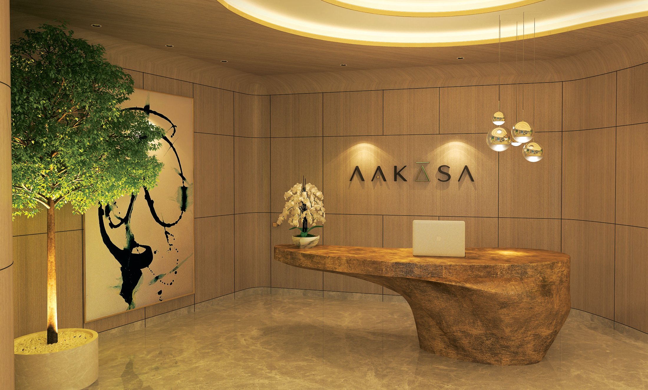 Aakasa arrival lobby with live-edge reception desk
